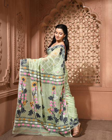 dB DESH BIDESH Women's Jamdani Sarees For Women for Party Festival Wear Kusumlata Design Soft Cotton Linen saree for woman Without Blouse piece (Soft Green)