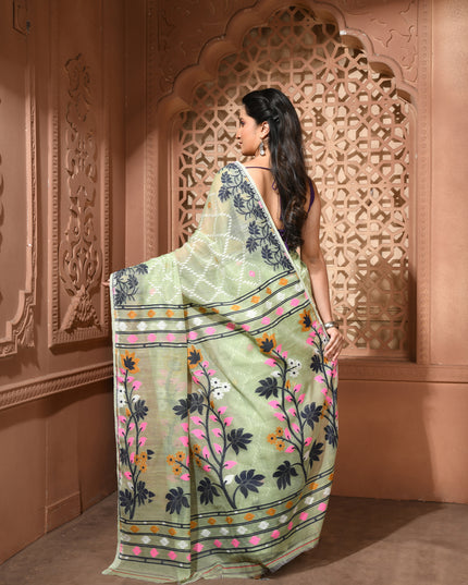 dB DESH BIDESH Women's Jamdani Sarees For Women for Party Festival Wear Kusumlata Design Soft Cotton Linen saree for woman Without Blouse piece (Soft Green)