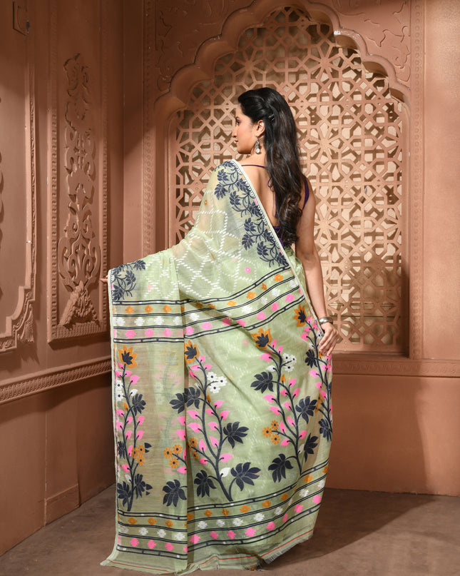 dB DESH BIDESH Women's Jamdani Sarees For Women for Party Festival Wear Kusumlata Design Soft Cotton Linen saree for woman Without Blouse piece (Soft Green)