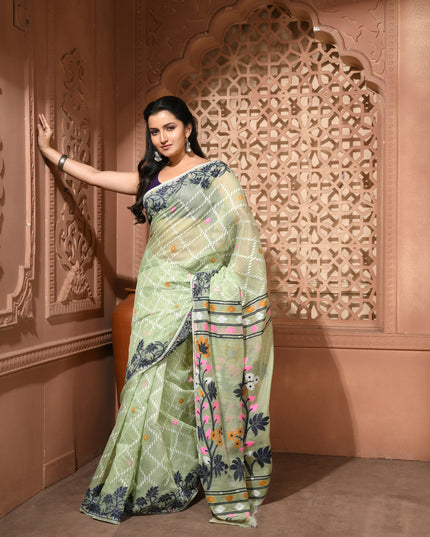 dB DESH BIDESH Women's Jamdani Sarees For Women for Party Festival Wear Kusumlata Design Soft Cotton Linen saree for woman Without Blouse piece (Soft Green)