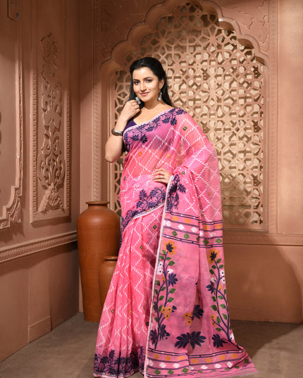 dB DESH BIDESH Women's Jamdani Sarees For Women for Party Festival Wear Kusumlata Design Soft Cotton Linen saree for woman Without Blouse piece (Pink Blue)