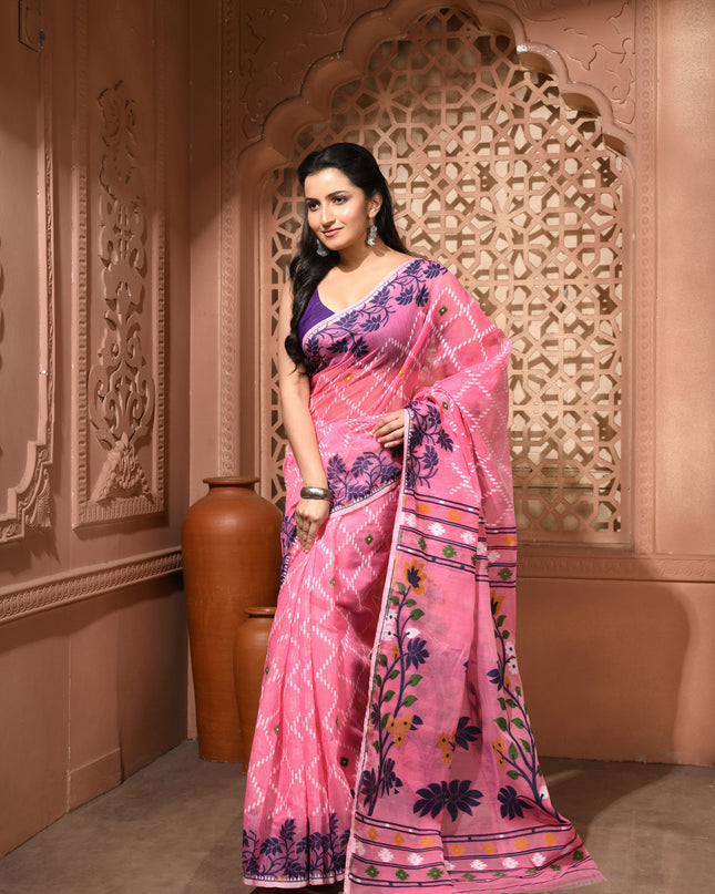 dB DESH BIDESH Women's Jamdani Sarees For Women for Party Festival Wear Kusumlata Design Soft Cotton Linen saree for woman Without Blouse piece (Pink Blue)
