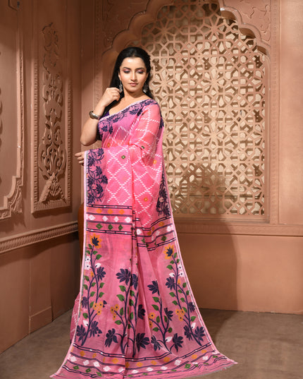 dB DESH BIDESH Women's Jamdani Sarees For Women for Party Festival Wear Kusumlata Design Soft Cotton Linen saree for woman Without Blouse piece (Pink Blue)