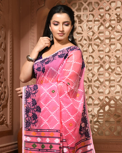 dB DESH BIDESH Women's Jamdani Sarees For Women for Party Festival Wear Kusumlata Design Soft Cotton Linen saree for woman Without Blouse piece (Pink Blue)