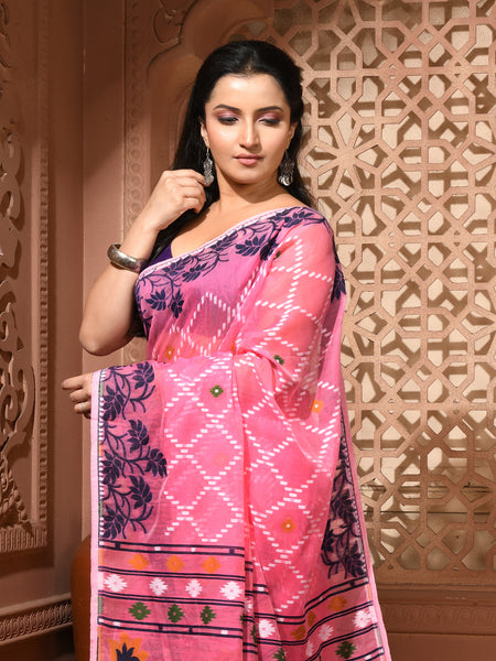 dB DESH BIDESH Women's Jamdani Sarees For Women for Party Festival Wear Kusumlata Design Soft Cotton Linen saree for woman Without Blouse piece (Pink Blue)