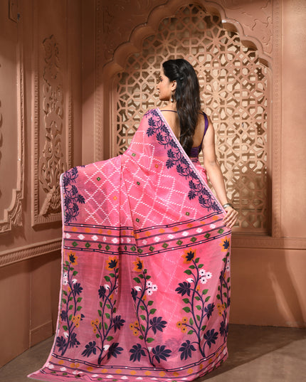 dB DESH BIDESH Women's Jamdani Sarees For Women for Party Festival Wear Kusumlata Design Soft Cotton Linen saree for woman Without Blouse piece (Pink Blue)