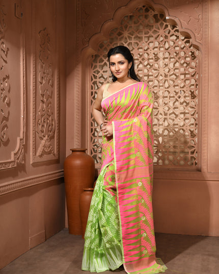 dB DESH BIDESH Women's Traditional Bengal Soft Cotton Silk Jamdani Sarees For Women Tentullata Design Cotton saree for woman Without Blouse piece | Ethnic Wear Sari (Pink Green)