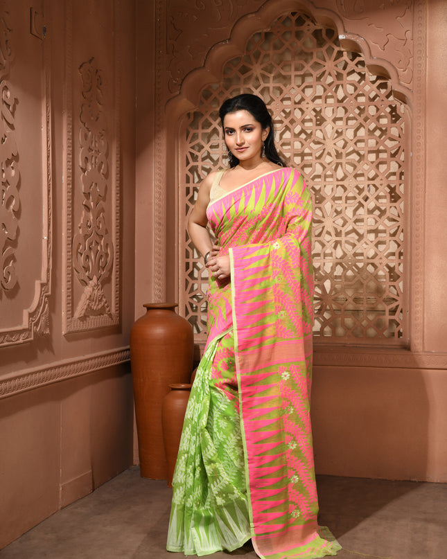 dB DESH BIDESH Women's Traditional Bengal Soft Cotton Silk Jamdani Sarees For Women Tentullata Design Cotton saree for woman Without Blouse piece | Ethnic Wear Sari (Pink Green)