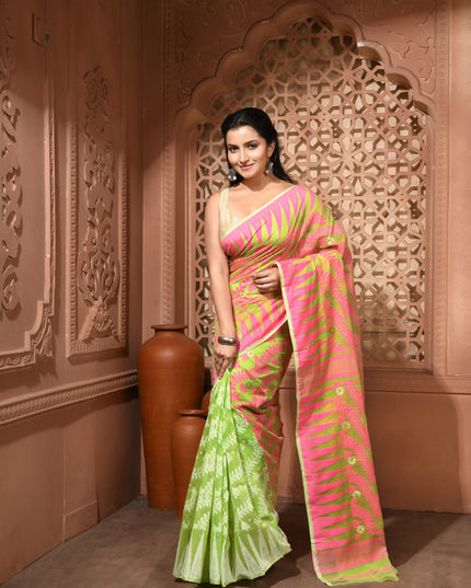 dB DESH BIDESH Women's Traditional Bengal Soft Cotton Silk Jamdani Sarees For Women Tentullata Design Cotton saree for woman Without Blouse piece | Ethnic Wear Sari (Pink Green)