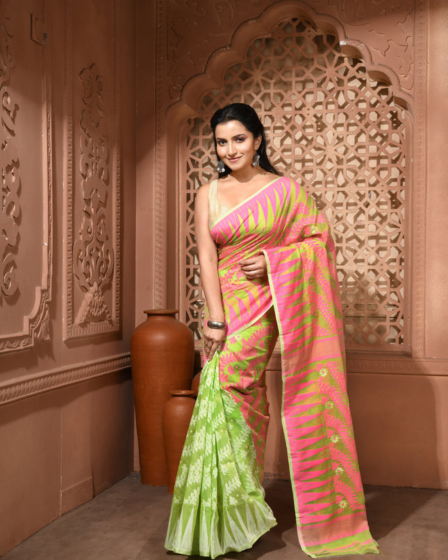 dB DESH BIDESH Women's Traditional Bengal Soft Cotton Silk Jamdani Sarees For Women Tentullata Design Cotton saree for woman Without Blouse piece | Ethnic Wear Sari (Pink Green)