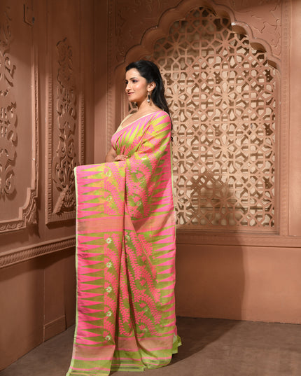 dB DESH BIDESH Women's Traditional Bengal Soft Cotton Silk Jamdani Sarees For Women Tentullata Design Cotton saree for woman Without Blouse piece | Ethnic Wear Sari (Pink Green)
