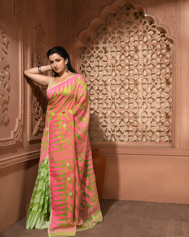 dB DESH BIDESH Women's Traditional Bengal Soft Cotton Silk Jamdani Sarees For Women Tentullata Design Cotton saree for woman Without Blouse piece | Ethnic Wear Sari (Pink Green)