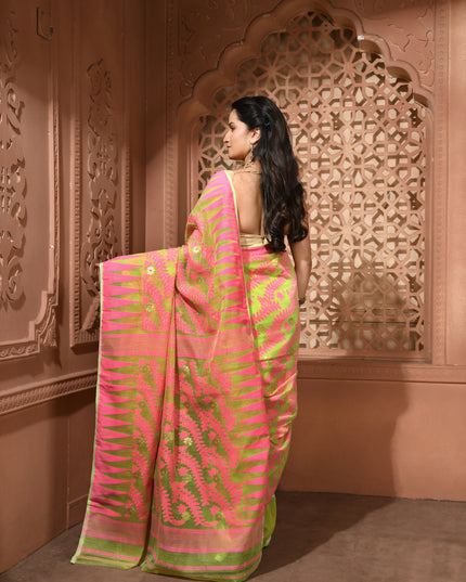 dB DESH BIDESH Women's Traditional Bengal Soft Cotton Silk Jamdani Sarees For Women Tentullata Design Cotton saree for woman Without Blouse piece | Ethnic Wear Sari (Pink Green)