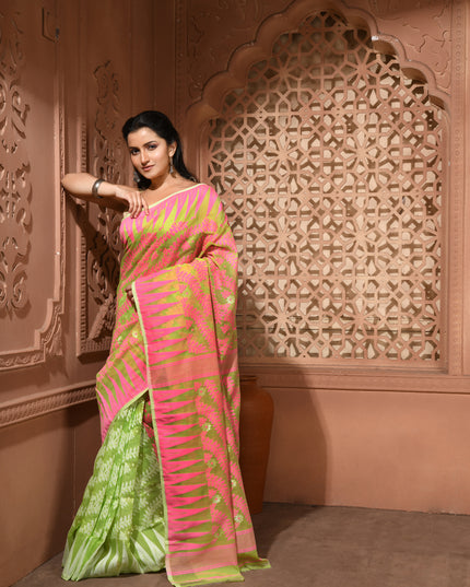 dB DESH BIDESH Women's Traditional Bengal Soft Cotton Silk Jamdani Sarees For Women Tentullata Design Cotton saree for woman Without Blouse piece | Ethnic Wear Sari (Pink Green)