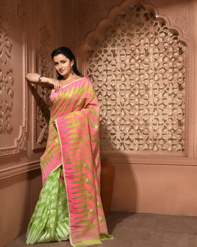 dB DESH BIDESH Women's Traditional Bengal Soft Cotton Silk Jamdani Sarees For Women Tentullata Design Cotton saree for woman Without Blouse piece | Ethnic Wear Sari (Pink Green)