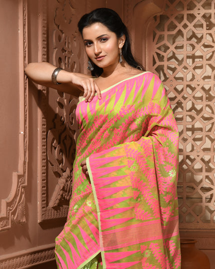 dB DESH BIDESH Women's Traditional Bengal Soft Cotton Silk Jamdani Sarees For Women Tentullata Design Cotton saree for woman Without Blouse piece | Ethnic Wear Sari (Pink Green)