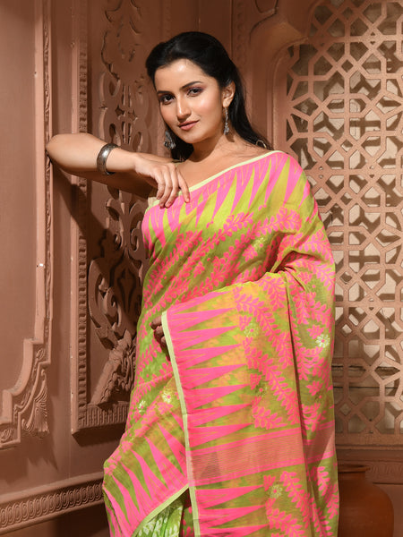dB DESH BIDESH Women's Traditional Bengal Soft Cotton Silk Jamdani Sarees For Women Tentullata Design Cotton saree for woman Without Blouse piece | Ethnic Wear Sari (Pink Green)