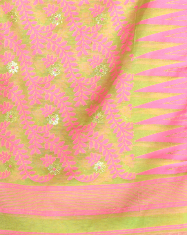 dB DESH BIDESH Women's Traditional Bengal Soft Cotton Silk Jamdani Sarees For Women Tentullata Design Cotton saree for woman Without Blouse piece | Ethnic Wear Sari (Pink Green)