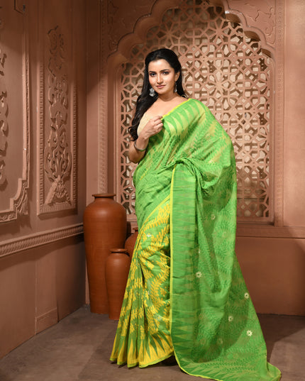 dB DESH BIDESH Women's Traditional Bengal Soft Cotton Silk Jamdani Sarees For Women Tentullata Design Cotton saree for woman Without Blouse piece | Ethnic Wear Sari (Green Yellow)