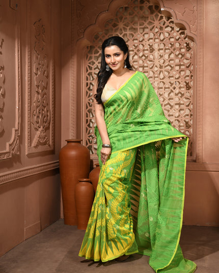 dB DESH BIDESH Women's Traditional Bengal Soft Cotton Silk Jamdani Sarees For Women Tentullata Design Cotton saree for woman Without Blouse piece | Ethnic Wear Sari (Green Yellow)