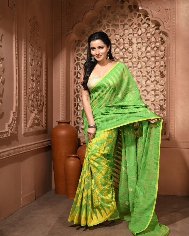 dB DESH BIDESH Women's Traditional Bengal Soft Cotton Silk Jamdani Sarees For Women Tentullata Design Cotton saree for woman Without Blouse piece | Ethnic Wear Sari (Green Yellow)