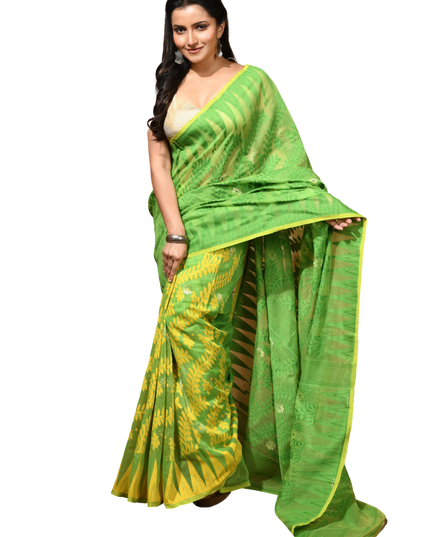 dB DESH BIDESH Women's Traditional Bengal Soft Cotton Silk Jamdani Sarees For Women Tentullata Design Cotton saree for woman Without Blouse piece | Ethnic Wear Sari (Green Yellow)
