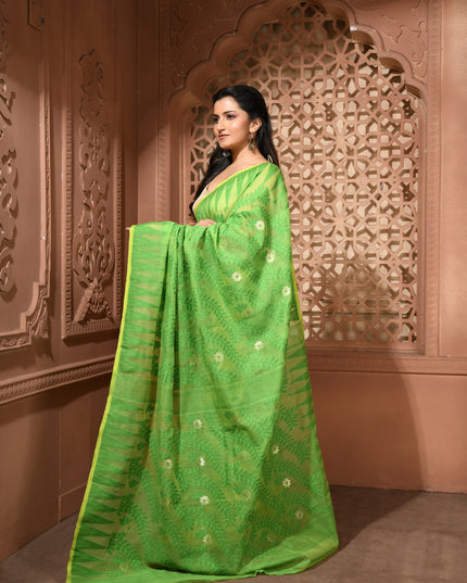 dB DESH BIDESH Women's Traditional Bengal Soft Cotton Silk Jamdani Sarees For Women Tentullata Design Cotton saree for woman Without Blouse piece | Ethnic Wear Sari (Green Yellow)