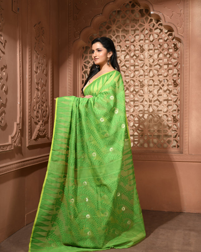dB DESH BIDESH Women's Traditional Bengal Soft Cotton Silk Jamdani Sarees For Women Tentullata Design Cotton saree for woman Without Blouse piece | Ethnic Wear Sari (Green Yellow)