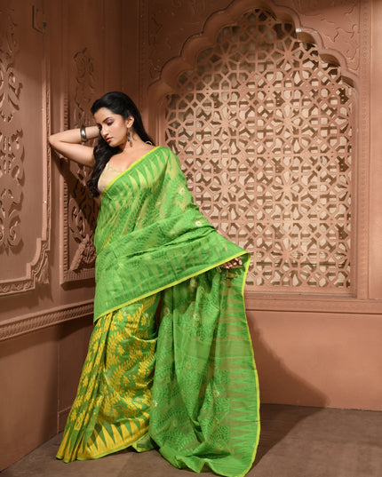 dB DESH BIDESH Women's Traditional Bengal Soft Cotton Silk Jamdani Sarees For Women Tentullata Design Cotton saree for woman Without Blouse piece | Ethnic Wear Sari (Green Yellow)