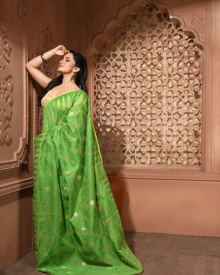 dB DESH BIDESH Women's Traditional Bengal Soft Cotton Silk Jamdani Sarees For Women Tentullata Design Cotton saree for woman Without Blouse piece | Ethnic Wear Sari (Green Yellow)