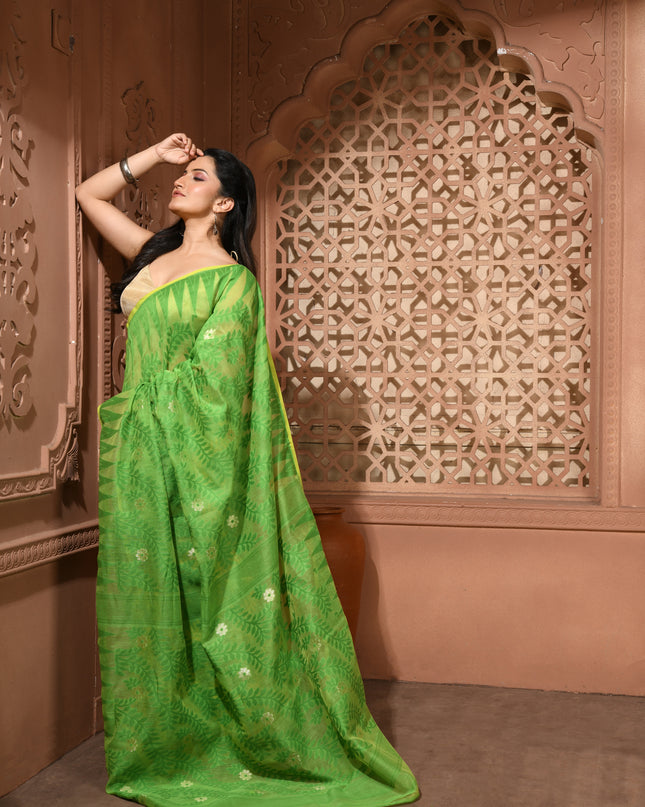 dB DESH BIDESH Women's Traditional Bengal Soft Cotton Silk Jamdani Sarees For Women Tentullata Design Cotton saree for woman Without Blouse piece | Ethnic Wear Sari (Green Yellow)