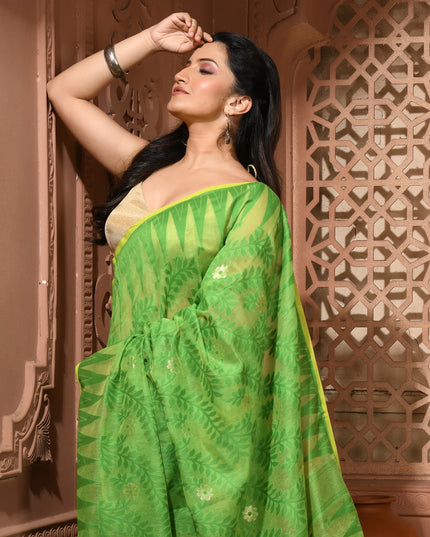 dB DESH BIDESH Women's Traditional Bengal Soft Cotton Silk Jamdani Sarees For Women Tentullata Design Cotton saree for woman Without Blouse piece | Ethnic Wear Sari (Green Yellow)