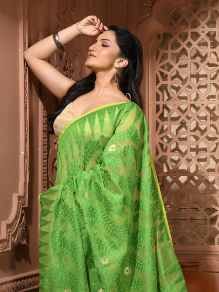 dB DESH BIDESH Women's Traditional Bengal Soft Cotton Silk Jamdani Sarees For Women Tentullata Design Cotton saree for woman Without Blouse piece | Ethnic Wear Sari (Green Yellow)