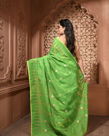 dB DESH BIDESH Women's Traditional Bengal Soft Cotton Silk Jamdani Sarees For Women Tentullata Design Cotton saree for woman Without Blouse piece | Ethnic Wear Sari (Green Yellow)