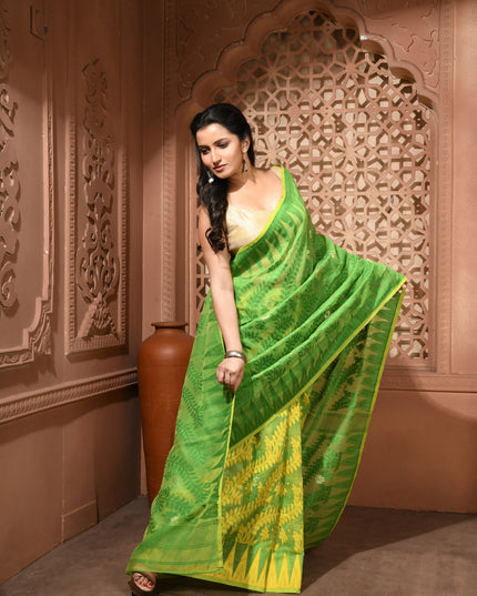dB DESH BIDESH Women's Traditional Bengal Soft Cotton Silk Jamdani Sarees For Women Tentullata Design Cotton saree for woman Without Blouse piece | Ethnic Wear Sari (Green Yellow)