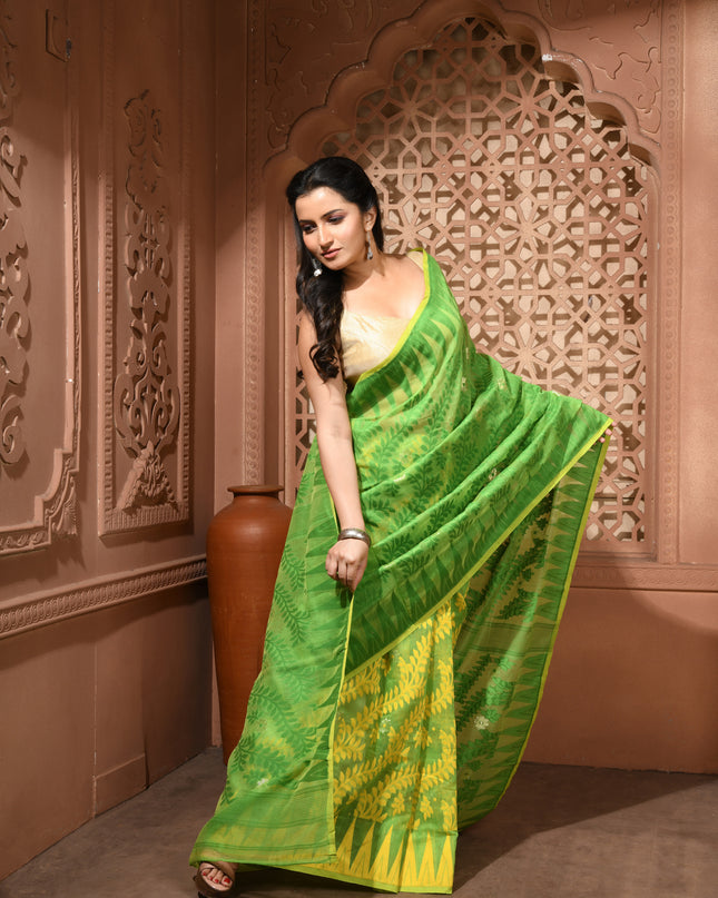 dB DESH BIDESH Women's Traditional Bengal Soft Cotton Silk Jamdani Sarees For Women Tentullata Design Cotton saree for woman Without Blouse piece | Ethnic Wear Sari (Green Yellow)