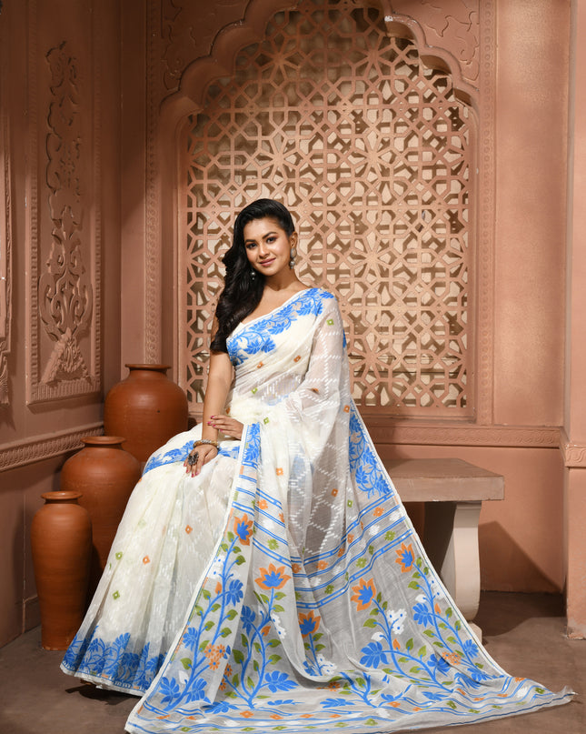 dB DESH BIDESH Women's Jamdani Sarees For Women for Party Festival Wear Kusumlata Design Soft Cotton Linen saree for woman Without Blouse piece (White Blue)