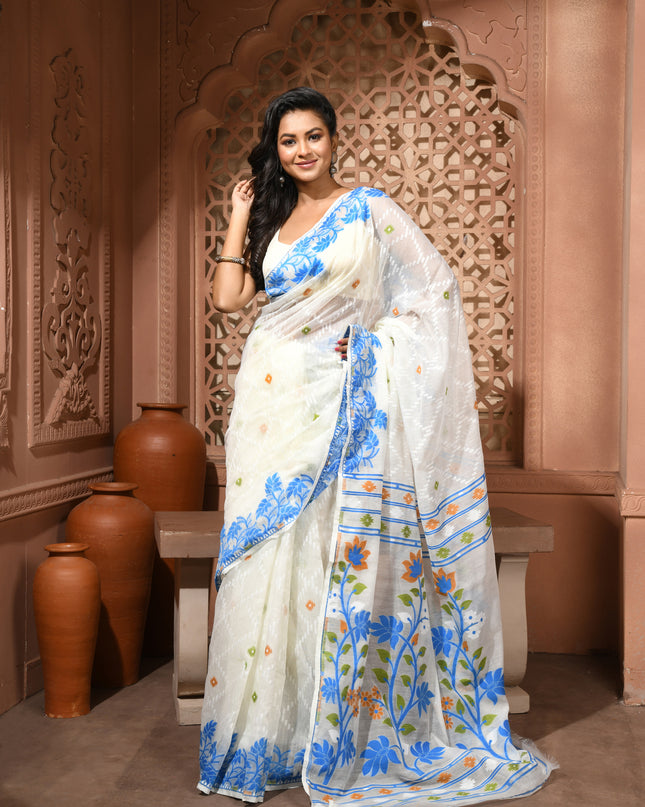 dB DESH BIDESH Women's Jamdani Sarees For Women for Party Festival Wear Kusumlata Design Soft Cotton Linen saree for woman Without Blouse piece (White Blue)