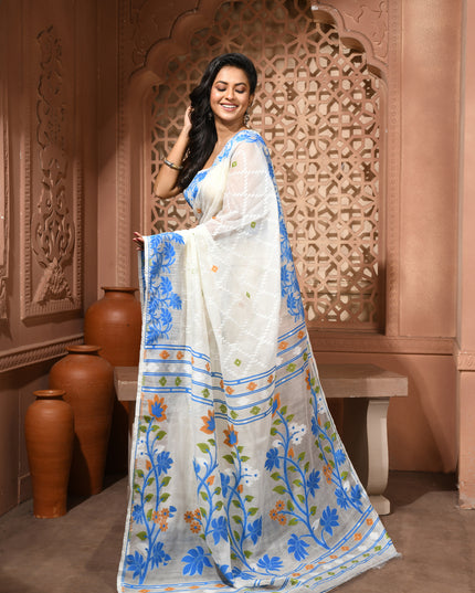 dB DESH BIDESH Women's Jamdani Sarees For Women for Party Festival Wear Kusumlata Design Soft Cotton Linen saree for woman Without Blouse piece (White Blue)