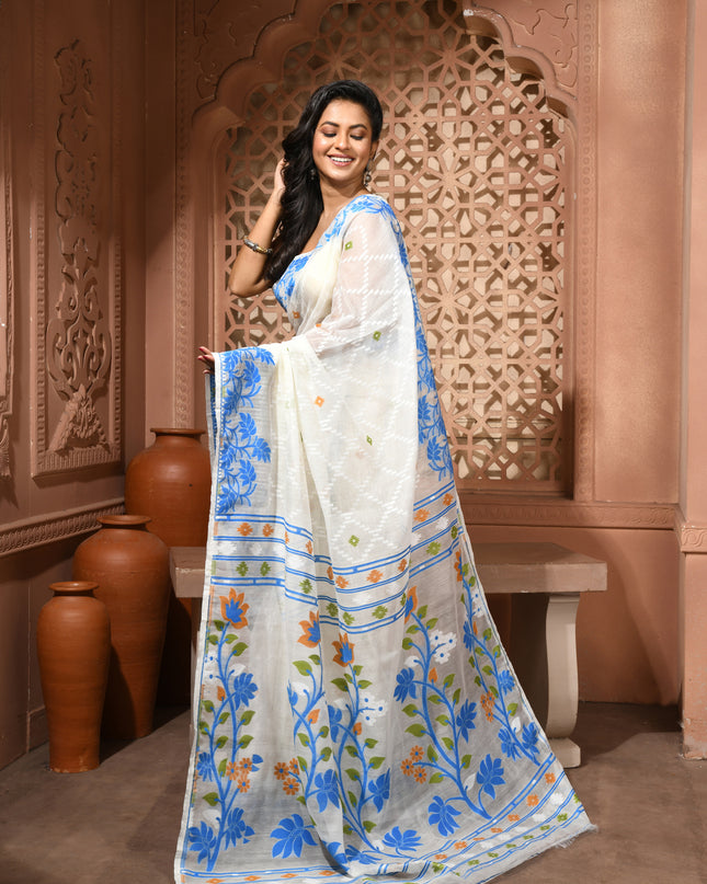 dB DESH BIDESH Women's Jamdani Sarees For Women for Party Festival Wear Kusumlata Design Soft Cotton Linen saree for woman Without Blouse piece (White Blue)