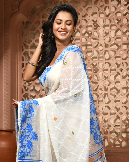dB DESH BIDESH Women's Jamdani Sarees For Women for Party Festival Wear Kusumlata Design Soft Cotton Linen saree for woman Without Blouse piece (White Blue)