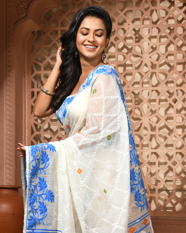 dB DESH BIDESH Women's Jamdani Sarees For Women for Party Festival Wear Kusumlata Design Soft Cotton Linen saree for woman Without Blouse piece (White Blue)