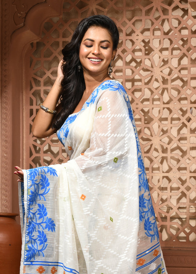 dB DESH BIDESH Women's Jamdani Sarees For Women for Party Festival Wear Kusumlata Design Soft Cotton Linen saree for woman Without Blouse piece (White Blue)