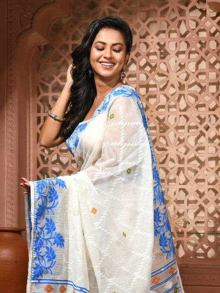 dB DESH BIDESH Women's Jamdani Sarees For Women for Party Festival Wear Kusumlata Design Soft Cotton Linen saree for woman Without Blouse piece (White Blue)