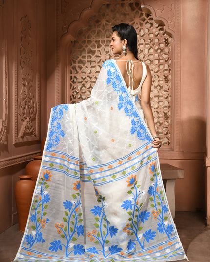 dB DESH BIDESH Women's Jamdani Sarees For Women for Party Festival Wear Kusumlata Design Soft Cotton Linen saree for woman Without Blouse piece (White Blue)