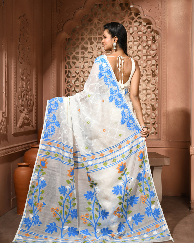 dB DESH BIDESH Women's Jamdani Sarees For Women for Party Festival Wear Kusumlata Design Soft Cotton Linen saree for woman Without Blouse piece (White Blue)