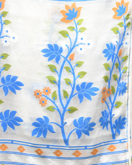 dB DESH BIDESH Women's Jamdani Sarees For Women for Party Festival Wear Kusumlata Design Soft Cotton Linen saree for woman Without Blouse piece (White Blue)