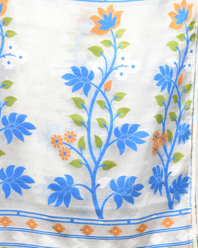 dB DESH BIDESH Women's Jamdani Sarees For Women for Party Festival Wear Kusumlata Design Soft Cotton Linen saree for woman Without Blouse piece (White Blue)