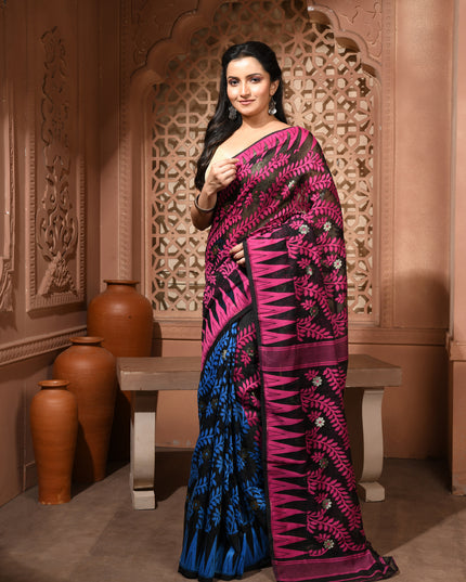 dB DESH BIDESH Women's Traditional Bengal Soft Cotton Silk Jamdani Sarees For Women Tentullata Design Cotton saree for woman Without Blouse piece | Ethnic Wear Sari (Pink Black Blue)