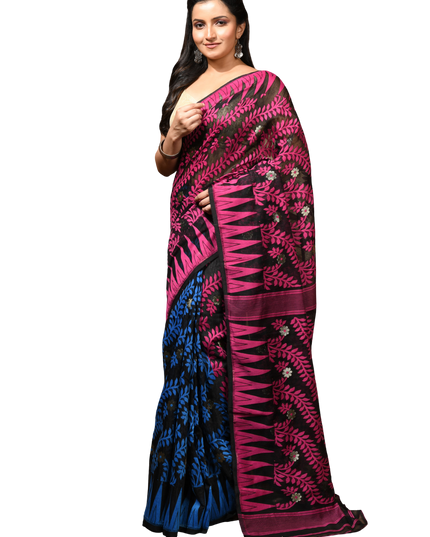 dB DESH BIDESH Women's Traditional Bengal Soft Cotton Silk Jamdani Sarees For Women Tentullata Design Cotton saree for woman Without Blouse piece | Ethnic Wear Sari (Pink Black Blue)